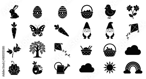 Easter Garden Spring Icons Set With Gnome Bunny Eggs Carrots Butterfly Kite.