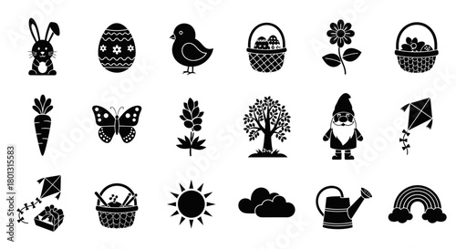 Easter Garden Spring Icons Set With Gnome Bunny Eggs Carrots Butterfly Kite.