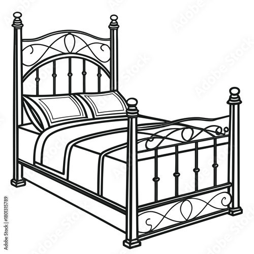 Black outline shows a bed with ornate ironwork and pillows on top