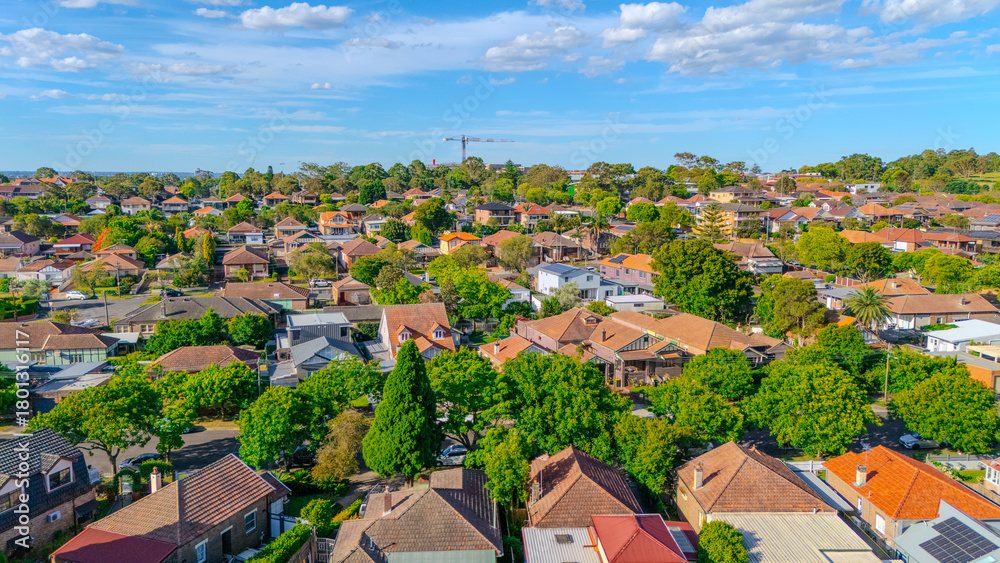 Obraz premium Aerial Panorama Drone View of a inner western Sydney Suburb of Ashbury Urban Sprawl and the terracotta roof tops streets and trees of Suburban Sydney NSW Australia