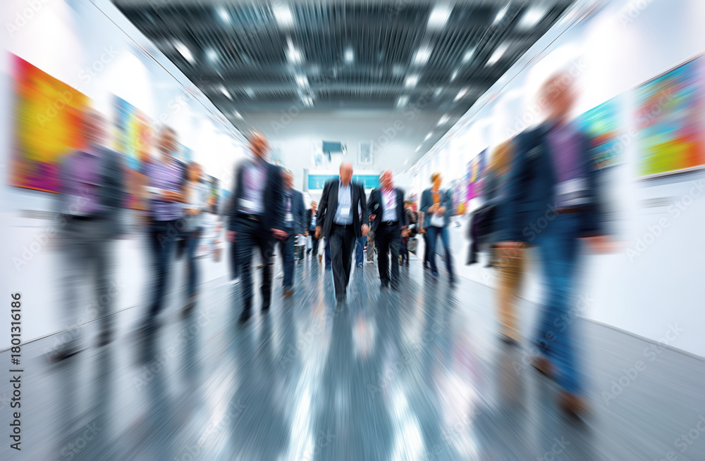 Fototapeta premium Blurred Motion Of People Walking Through Art Fair Exhibition Hall With Modern Paintings And Bright Lighting Artworks On Display