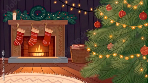 Cozy holiday scene with a decorated Christmas tree and a warm fireplace