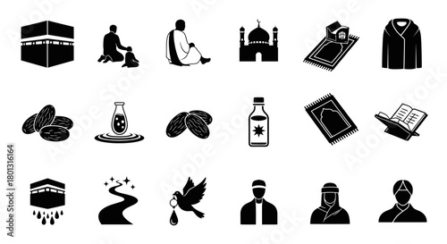 Islamic Symbols and Elements Hajj Kaaba Prayer Mosque Dates Oil Bottle Quran Pilgrim.svg