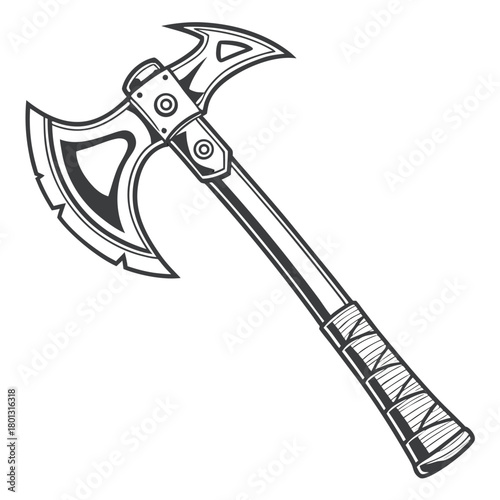 Detailed line drawing shows a formidable medieval battle axe with textured handle