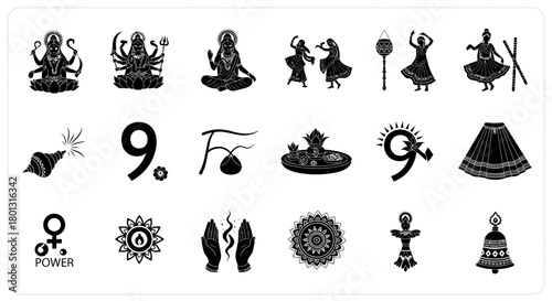 Navratri Indian Festival Symbols Black Silhouette Collection.svg