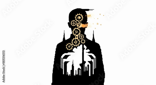 Silhouette of a person with gears and sparks in their head, symbolizing ideas and innovation