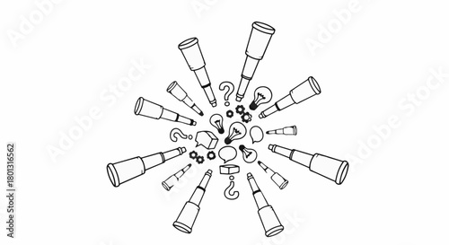 Telescopes and question marks radiating from a central point, symbolizing exploration and inquiry.