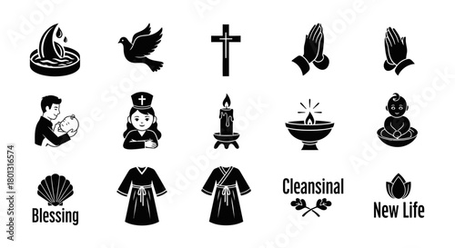 Religious Symbols and Ceremonies Icon Set With Blessing New Life and Cleansinal.svg