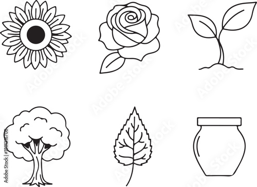 set of black flowers, leaf, pot and tress vector in white background 