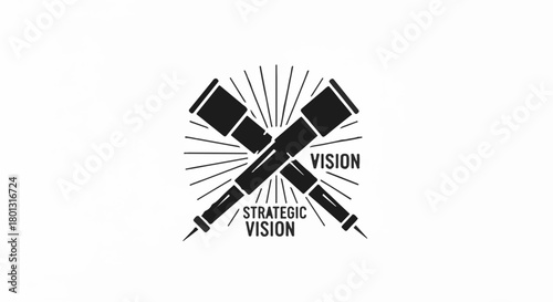 Two crossed telescopes symbolizing vision and strategy against a sunburst background.