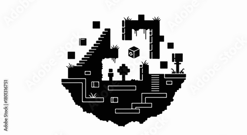 Retro video game landscape with pixelated character and floating platforms.