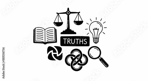 Conceptual illustration representing knowledge, justice, innovation, and complexity related to truth.