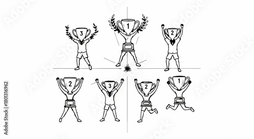 Trophy figures celebrate victory and achievement with raised arms and laurel wreaths.