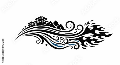 Abstract flowing design with stylized mountains and waves, symbolizing nature's power and serenity.