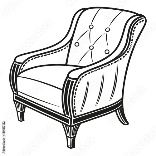 Elegant black and white armchair features button tufting and detailed trim throughout the entire outline
