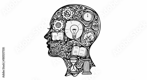 Intricate illustration of a human head filled with gears, books, and lightbulb symbolizing knowledge and ideas.
