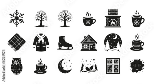 Winter Icons Collection Featuring Snowflakes, Trees, Fireplace, Cozy Drinks, and Seasonal Symbols.svg