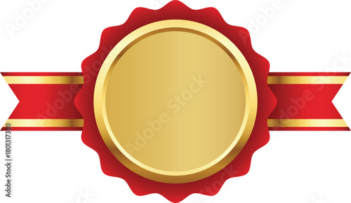 Golden Award Medal with Red Ribbon Illustration. Champion Medal Award Banner Mockup.