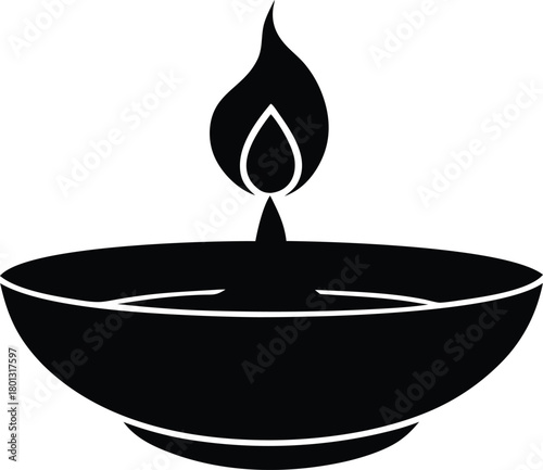 Decorative oil lamp silhouette, traditional indian diya design for rangoli or festive decor