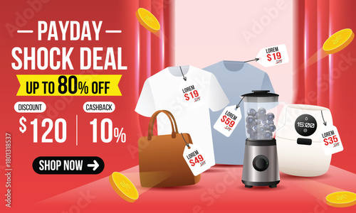Payday Shock Deal sale banner template. Promotion background with products illustrations