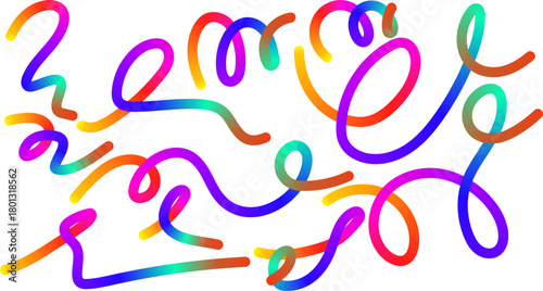 Colorful gradient abstract lines 3d wave shape doodle pattern, vibrant playful design vector element perfect for backgrounds. Organic Line Rainbow Color Ribbon