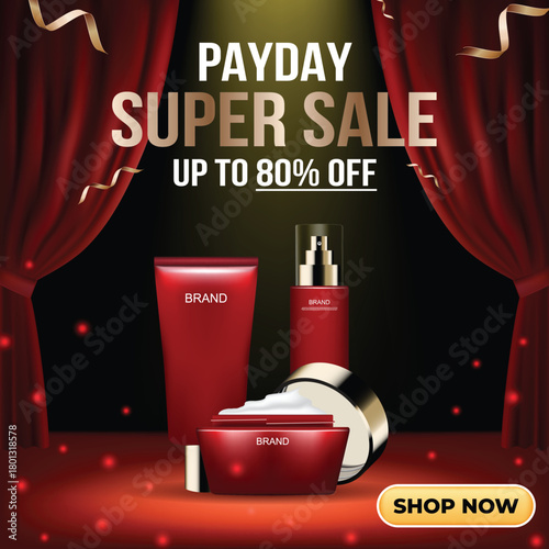Payday Super Sale banner for cosmetic products. Promotion background with red curtains