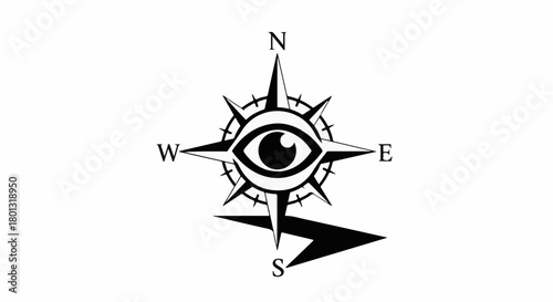 Mysterious eye within a compass points towards discovery and direction.