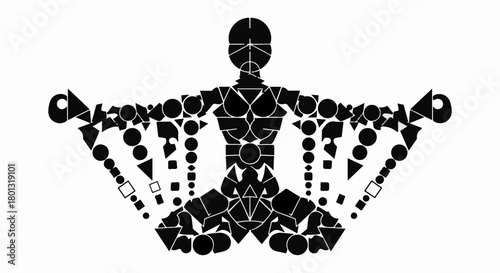 Abstract human figure composed of geometric shapes in a meditative pose, representing balance and wellness.