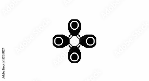 Abstract geometric shape with four connected elements forming a cross pattern.