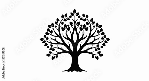 Stylized silhouette of a flourishing tree with intricate branches and leaves against a clean white background