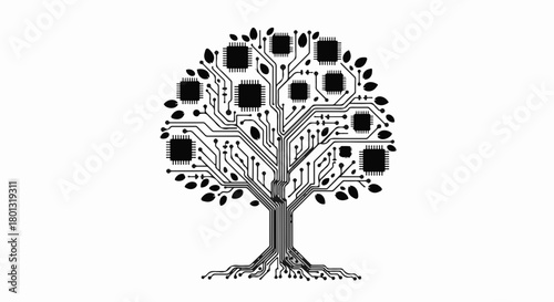 Digital tree with circuit board branches and chip leaves symbolizes technology growth and innovation.