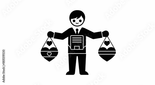 Man balancing bags of love and duty with an open heart