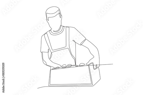 Men add to the stock of food ingredients in the food warehouse. Food warehouses concept one-line drawing