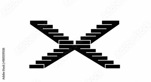 Abstract minimalist graphic of intersecting staircases forming an 'X' shape on a white background.