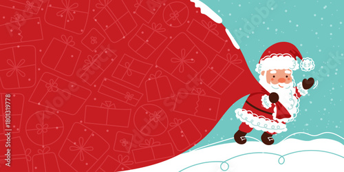 Santa Claus pulling a big red sack full of presents. Christmas and New Year horizontal banner with space for text. Hand-drawn doodle. Vector illustration.