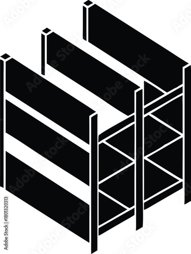 Isometric black shelves symbolize organized storage solutions for a modern warehouse environment today