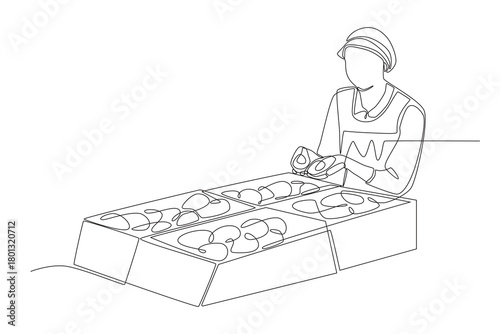 Woman checking food stock in food warehouse. Food warehouses concept one-line drawing