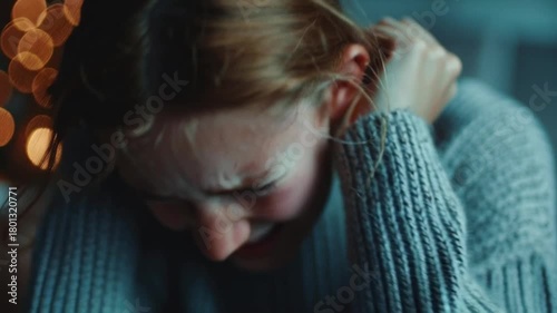 A heartbroken young woman in a sweater cries from emotional pain and mental anguish