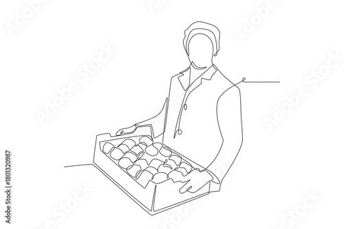 Men carry food stock in the food warehouse. Food warehouses concept one-line drawing