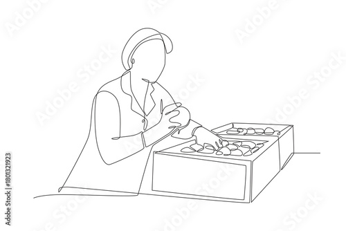 Woman checking food stock in food warehouse. Food warehouses concept one-line drawing