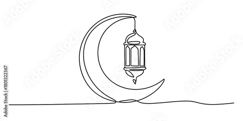 Continuous line drawing of a crescent moon with a hanging islamic lantern, symbolizing ramadan kareem and eid mubarak celebrations