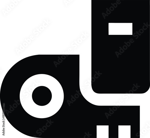 Black glyph illustrates abstract robot silhouette with a circular eye and blocky legs