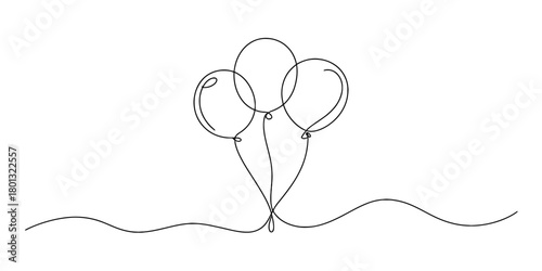 Continuous line drawing of three festive balloons gracefully floating above a minimalist wavy line, symbolizing celebration, joy, and simple graphic.