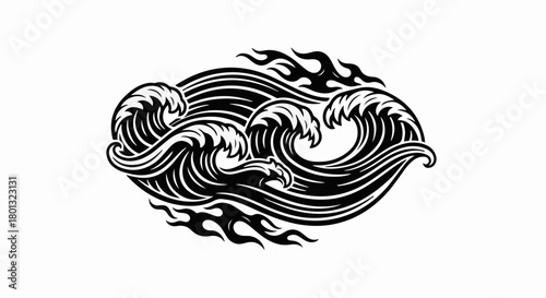 Dynamic black and white illustration of crashing waves and stylized flames