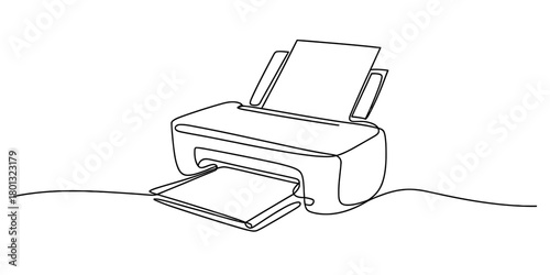 Continuous line art drawing of a modern office or home printer producing documents, symbolizing digital to physical communication workflow.