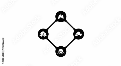 Connected icons representing diverse natural landscapes within a geometric structure