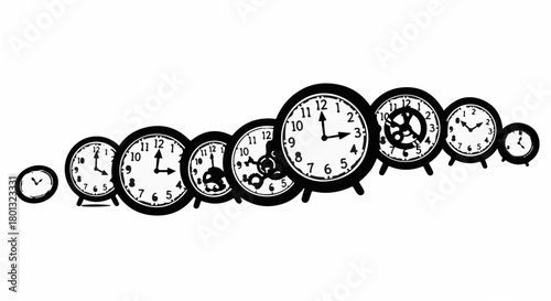 A line of vintage alarm clocks, some ticking, representing the passage of time.