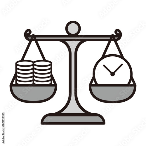 時間とお金を比べるイメージてんびんイラスト＿モノクロ