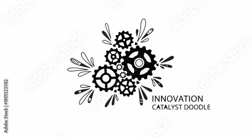 Abstract cluster of interlocking gears with dynamic splash elements symbolizing creativity and innovation.