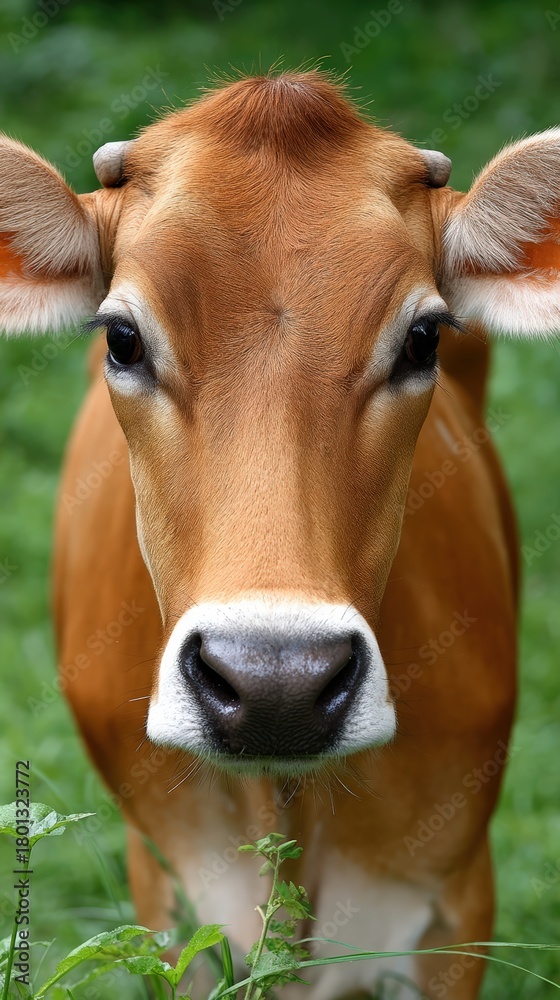 Fototapeta premium Farm animals, grazing, in an organic vegetable farm, overcast soft light, realistic style, peaceful mood, vibrant greens, rule of thirds composition, 85mm lens, water droplets on leaves, high detail,